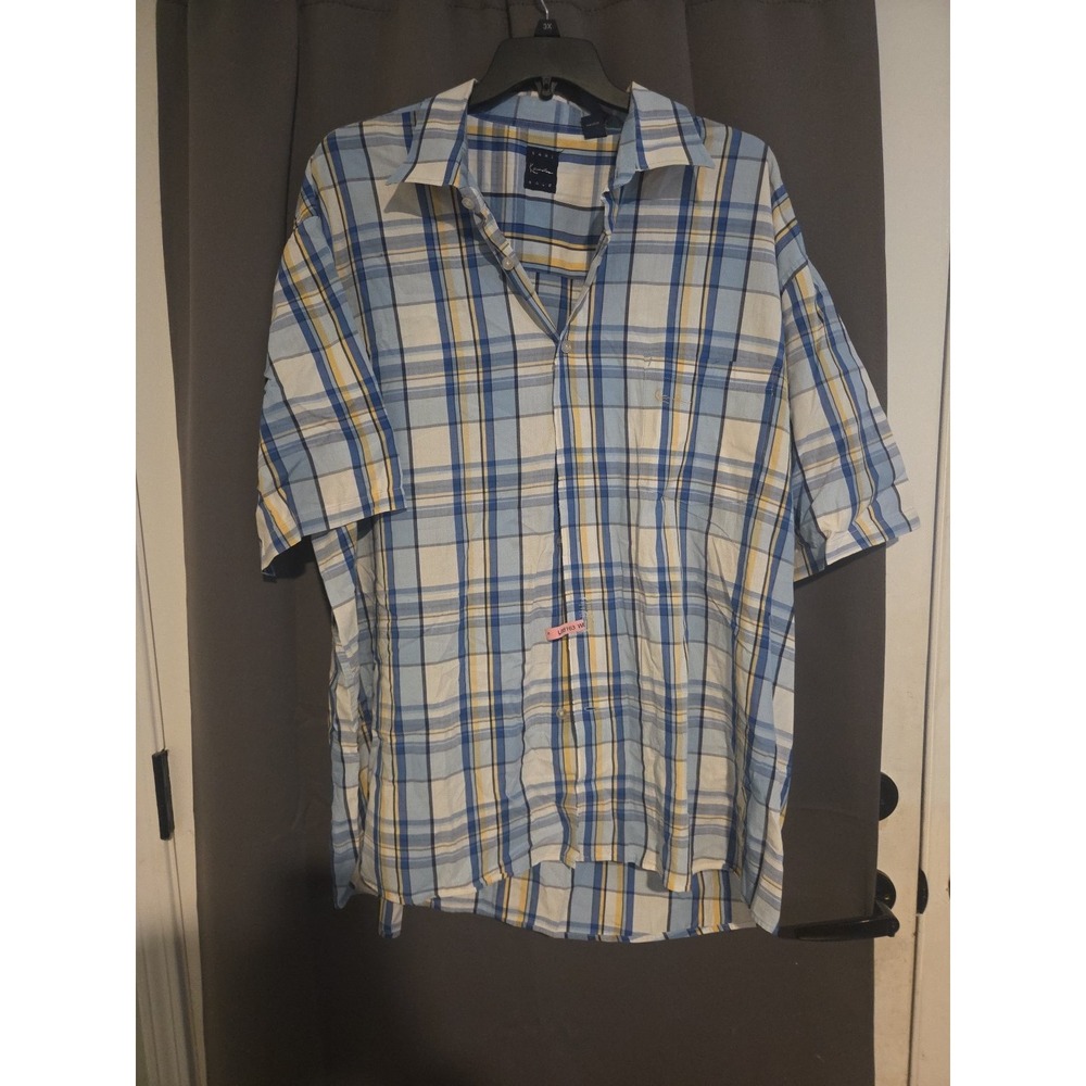 Kani Gold‎ Camp Shirt Mens Size 3X Short Sleeve Button Blue yellow Plaid Y2K *
